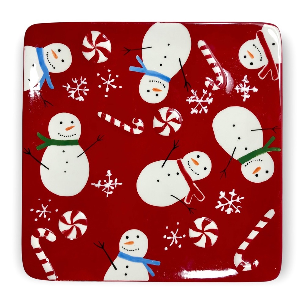 ST. NICHOLAS SQUARE Peppermint Lane Snowman 8" Square Appetizer Dessert Plate
